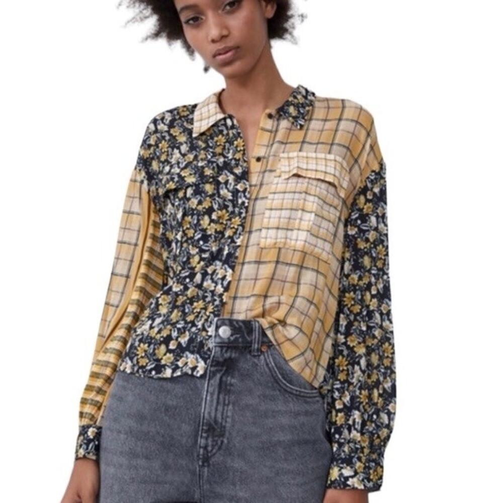 Zara Mixed Print Floral Plaid Button Down Crop Long Sleeve Blouse Top Large